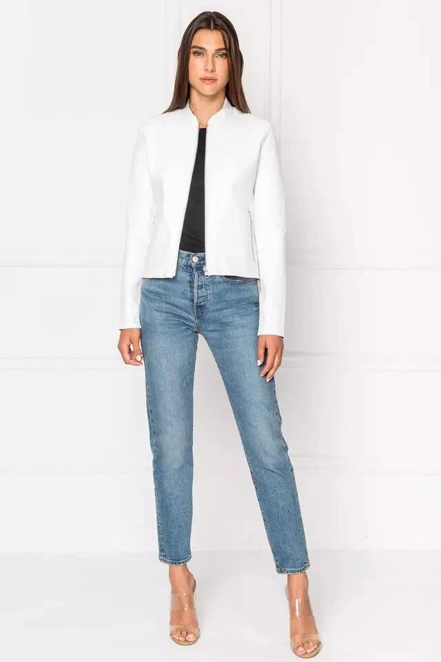 Moto Agneau Véritable Fait Main Élégant Décontracté Veste en Cuir pour Femme Blanc Biker