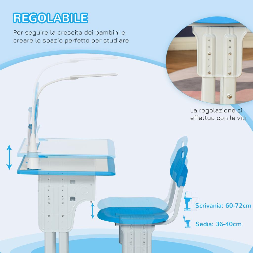 Kids Desk and Chair Set Adjustable Height Study Table Set with Drawer, Book Stand, Pen Slot - Blue