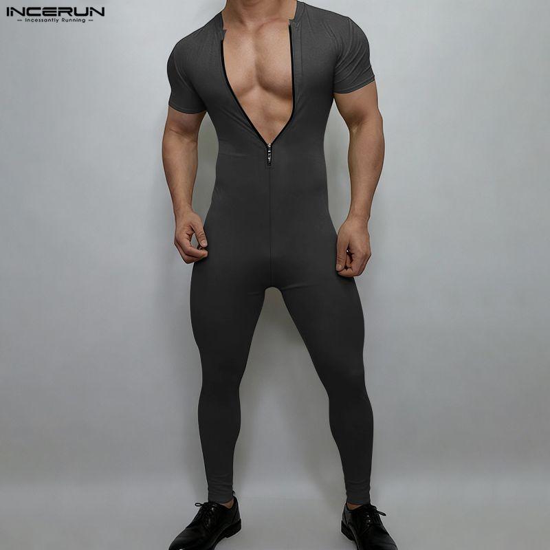 INCERUN Men Zip-up Long Sleeve Fitted Long Pajamas Jumpsuits Bodysuits Underwear