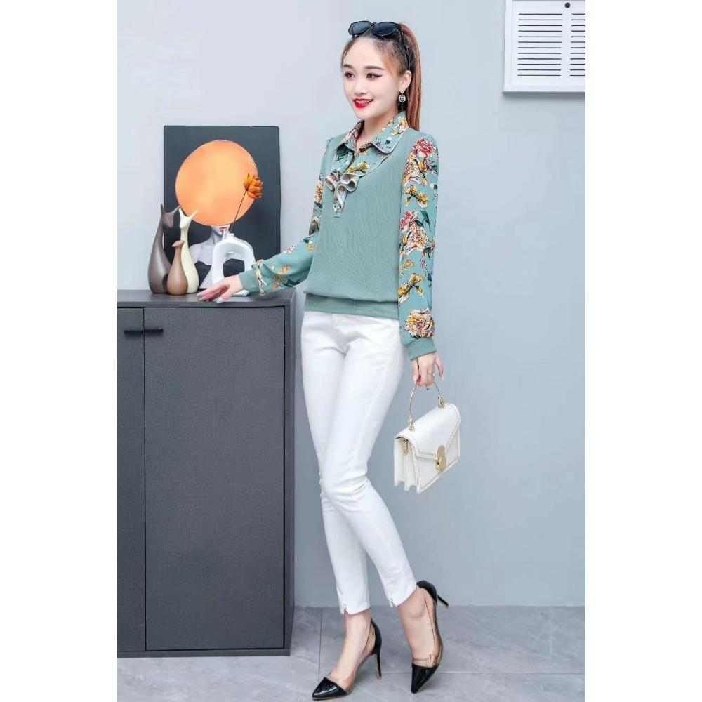 High-End Lotusblattkragen Neues bedrucktes Unterhemd Modisches Mutter Slim Longshirt Locker und altersreduzierend Damenoberteil