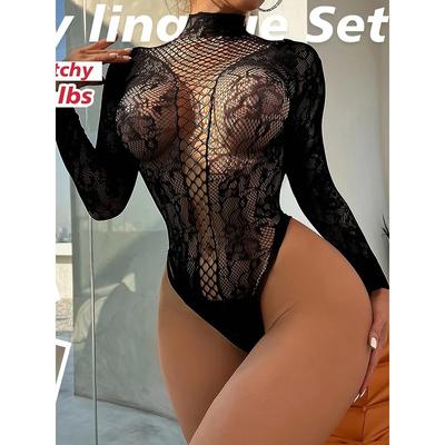 Rückenfreier Spitzen-Durchsichtiger Langarm-Body Sommer Sonnenschutz Atmungsaktive Oberteile Siamese Netz-T-Shirt Body-Socken Für Damen Strumpfhosen