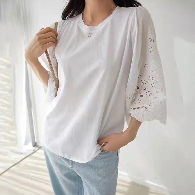 2024 Summer Women's Casual Solid Color Embroidered Cutout Mid-Sleeve T-Shirt