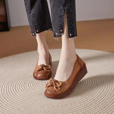 New Retro Loafers Cowhide Leather Woman Bowknot Luxury Ballet Flats Ladies Designer Low Vamp Shoes Women's Moccasins Wedge Flats