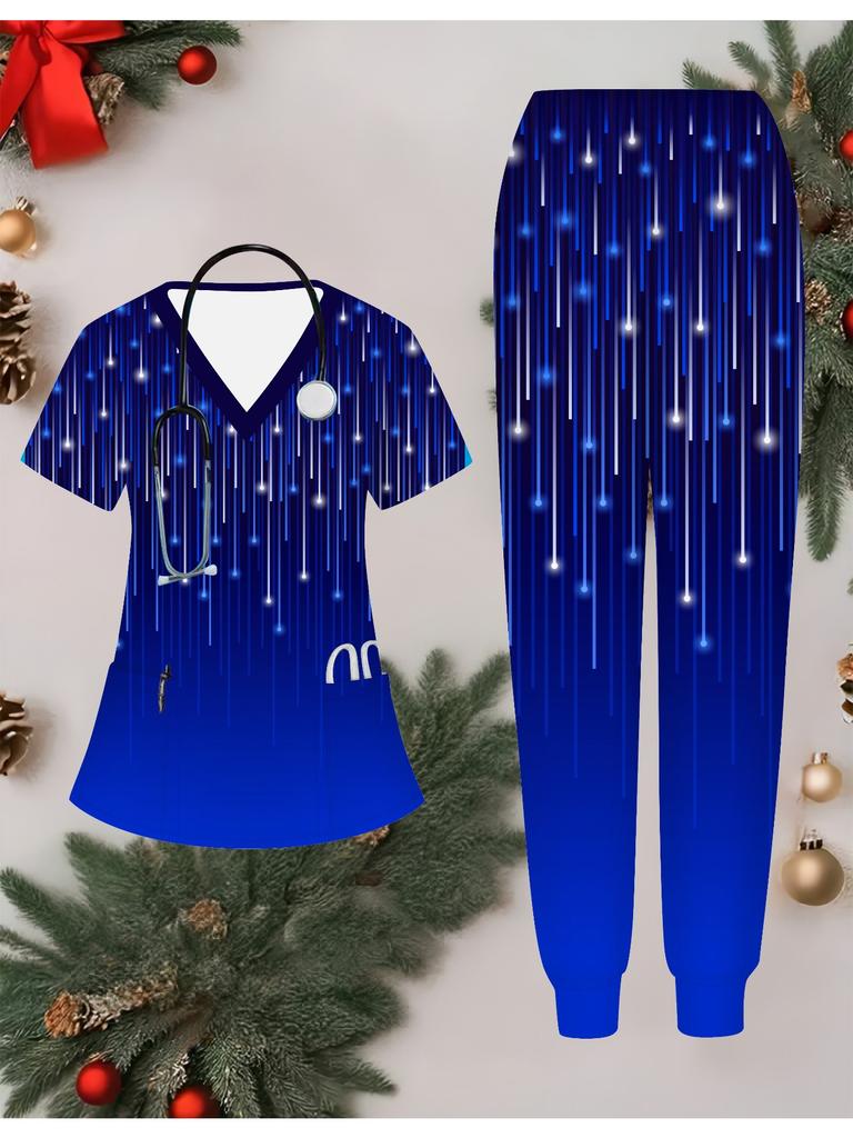 3D Love Printed Women's Nurse Uniform Set Short Sleeve Long Pants with Pocket Casual Fashionable Christmas Gift