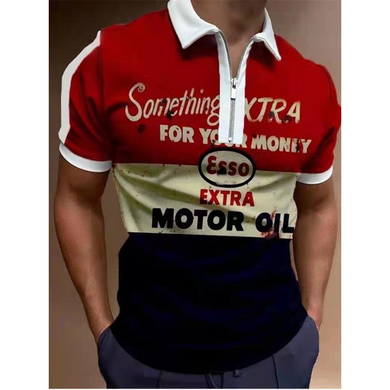 Men S Short Sleeve Polo Shirt Color Block Zip Detail Loose Fit Casual Top