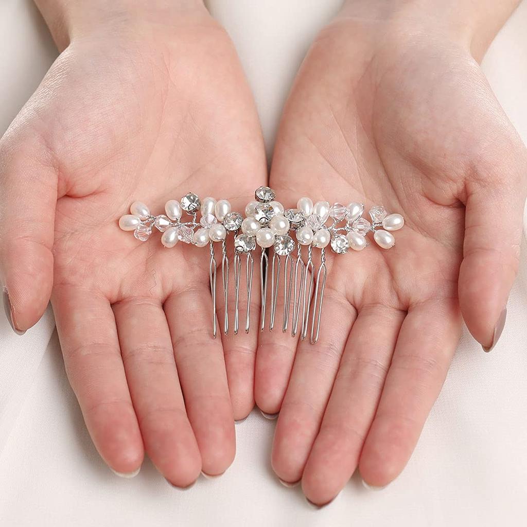 Brishow Crystal Bride Wedding Hair Comb Bridal Hair Pieces Pearl Hair Accessories for Women and Girls (Silver)
