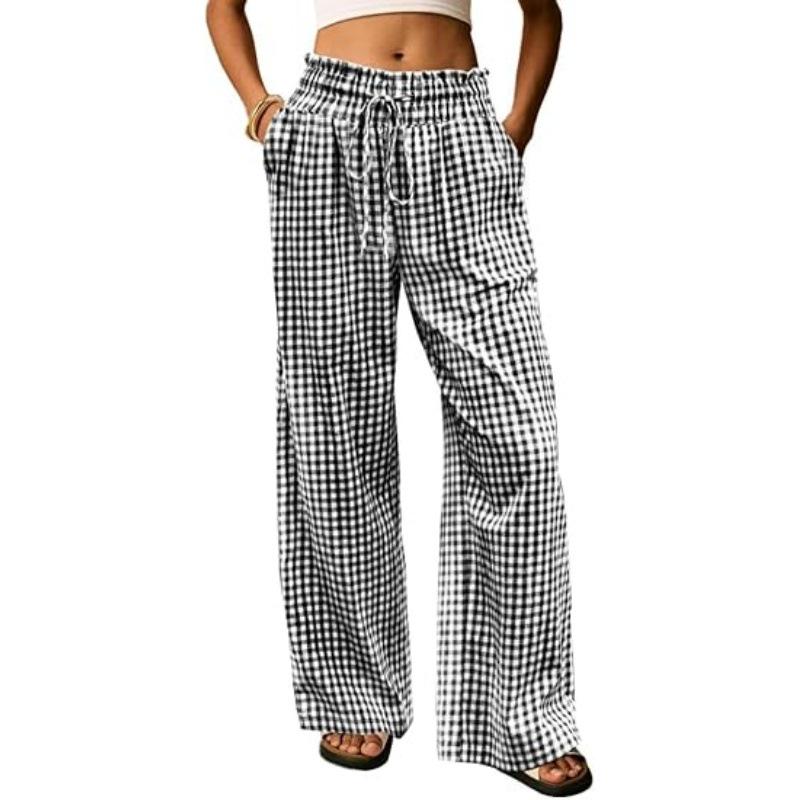 European Plaid Women's Wide-Leg Elastic High-Waist Pajama Pants with Drawstring