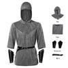Costume cosplay da cavaliere in cotta di maglia, giacca con cappuccio stile ranger retrò medievale, protezioni per i polsi e cintura costume da spettacolo