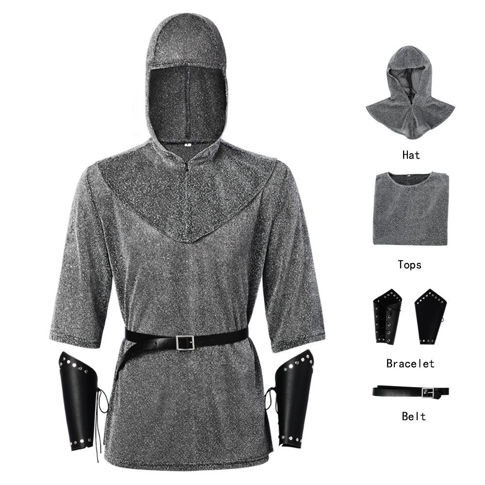 Costume cosplay da cavaliere in cotta di maglia, giacca con cappuccio stile ranger retrò medievale, protezioni per i polsi e cintura costume da spettacolo