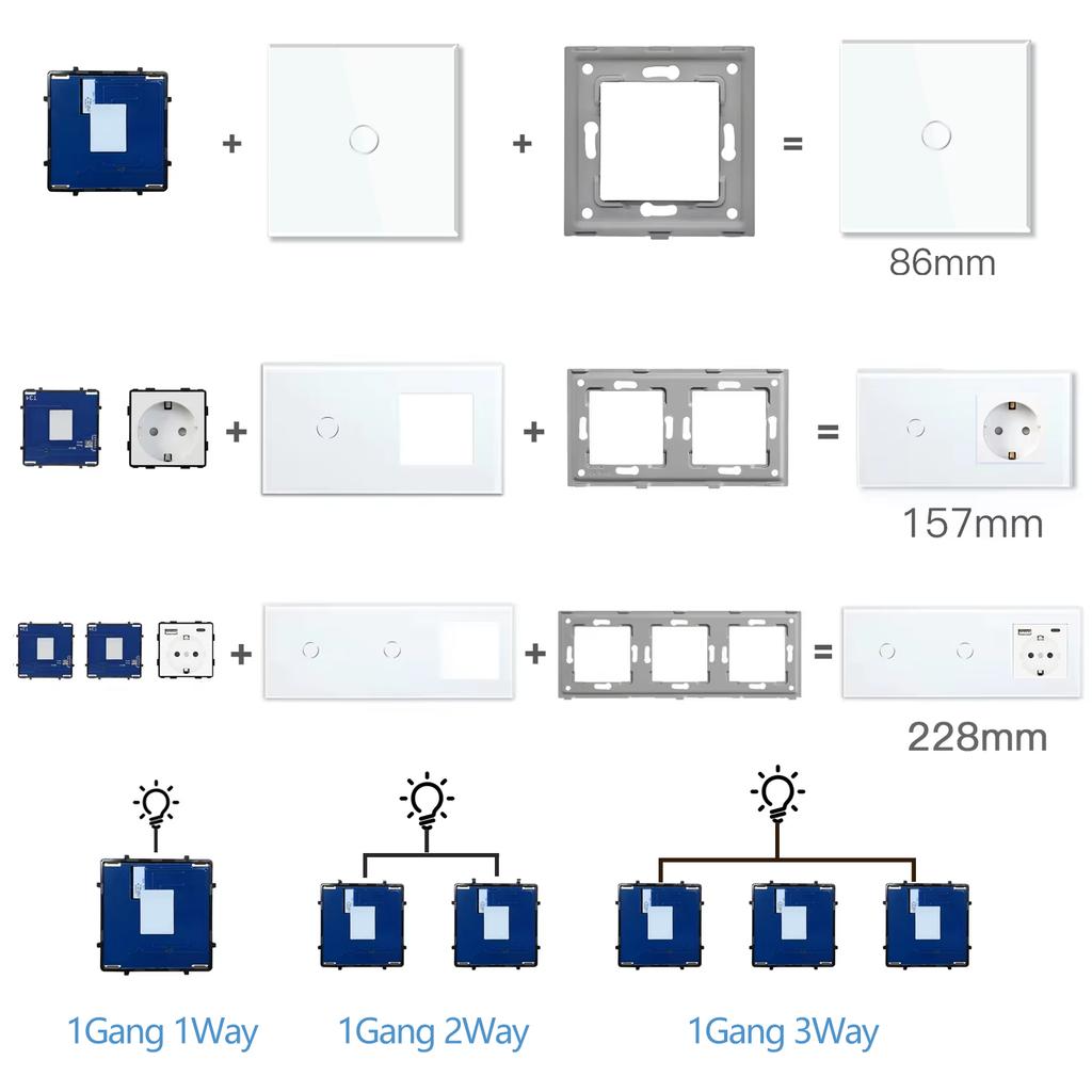 BSEED Wifi 1/2/3Gang Touch Smart Switches Function Parts Tuya Smart Life App Compatible EU Socket Glass Front Panels Spare Parts