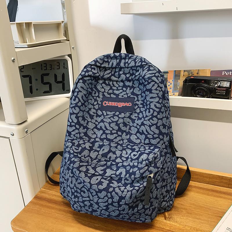 Leopard Print Denim Backpack Student Schoolbag Women Lightweight Backpack