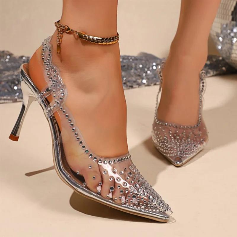 

Elegant Ladies Shiny Rhinestone Crystal Shoes Autumn 2025 Transparent Pvc Pointed Toe High Heels Shoes Woman Sling Back Pumps 34 41 серебряный