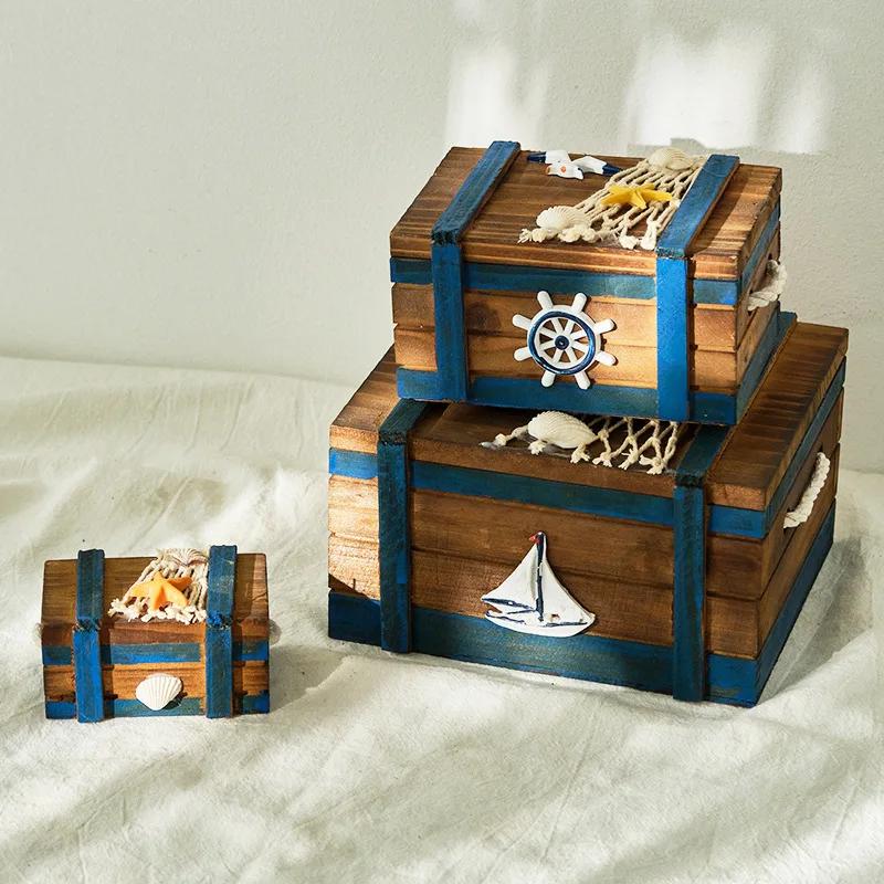Mediterranean Wooden Retro Treasure Box Three Piece Set Decoration Display Window Display Pirate Style Decoration Storage Box
