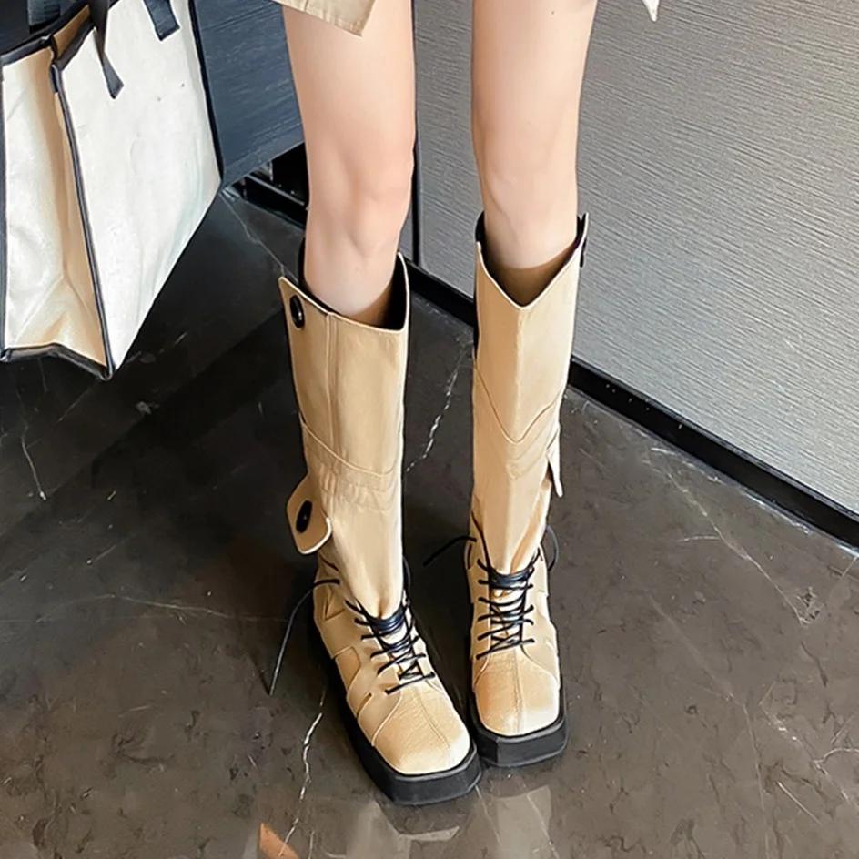 Fashion 2025 Winter Fashion Women Boots Mixed Color Splicing Knee High Boots Rubber Platform Square Toe Lace Up Novelty Boots
