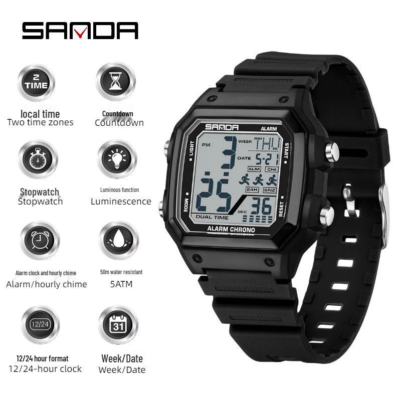 Sanda Sports Waterproof Square Electronic Watch for Teens - Unisex Fashionable and Simple Design