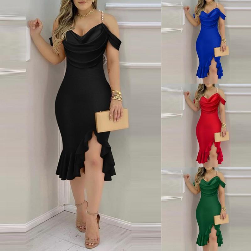 Elegant Pearl Chain Trimmed Fake Two-Piece Surplice Neckline Midi Dress With Ruffles Off-Shoulder Detail