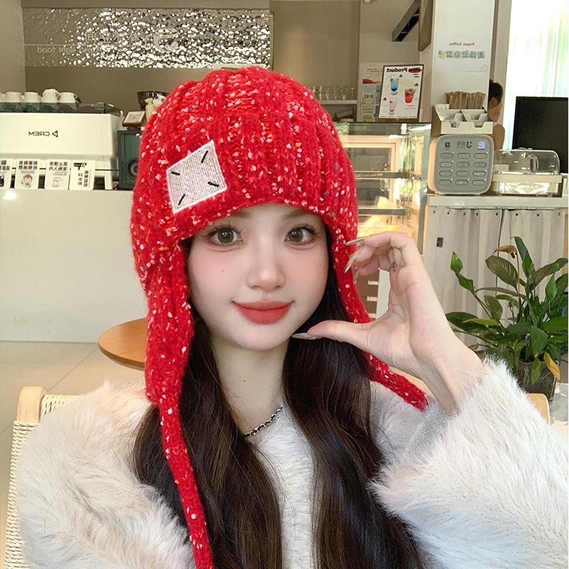 Cloth label wool hat women's winter thickened warm ear protection fashionable versatile cold-proof face small knitted hat