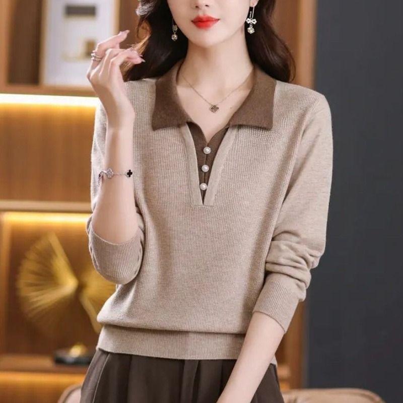 Spring Lapel Fake Two Piece Sweater Women's Panelled Stripe V-neck Button Fashion Loose Casual Patchwork Knitted Top