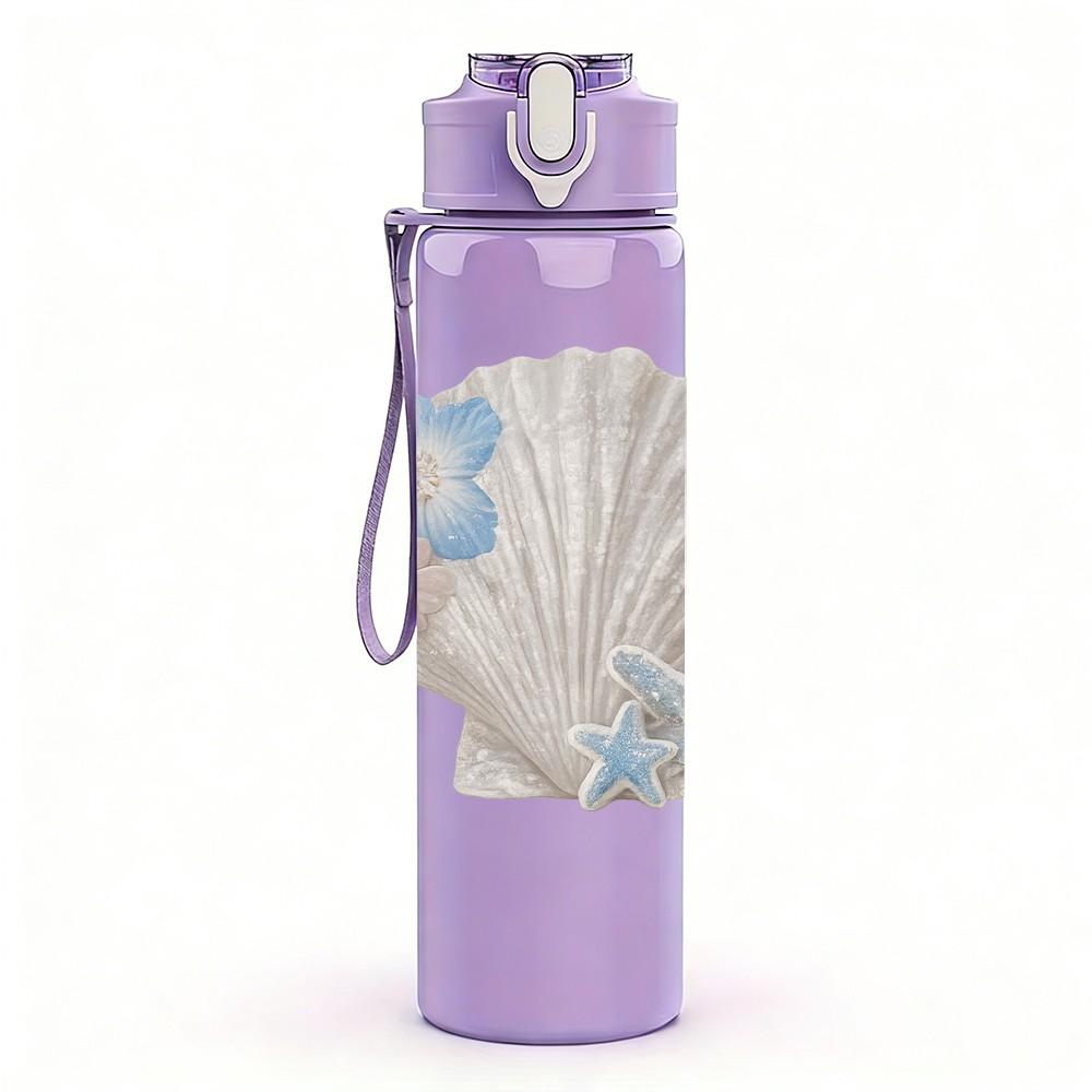 1PC Conch Shell Blue Flower Art Print 750ml Color Plastic Sports Water Bottle Leakproof Flip Straw Lid Suitable for Sports Office Home Use