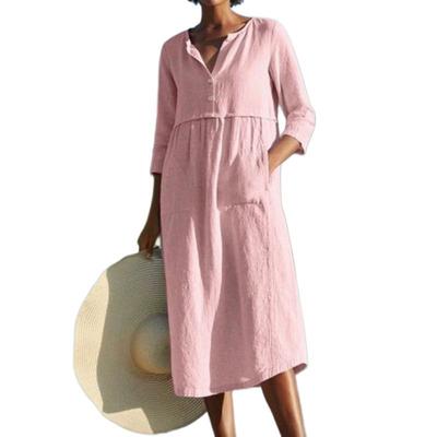 Women's Cotton-Linen Blend Mid-Sleeve Solid-Color Dress
