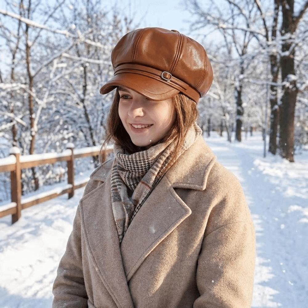 Versatile PU Beret Cap Solid Color Octagonal hat Casual Leather Painter Hat Woman
