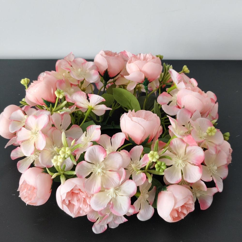

Simulated Flowers Tea Rose Ring Fake Flowers Gypsophila Cherry Blossom Ring Green Leaf Countryside Style Flower Wreath розовый