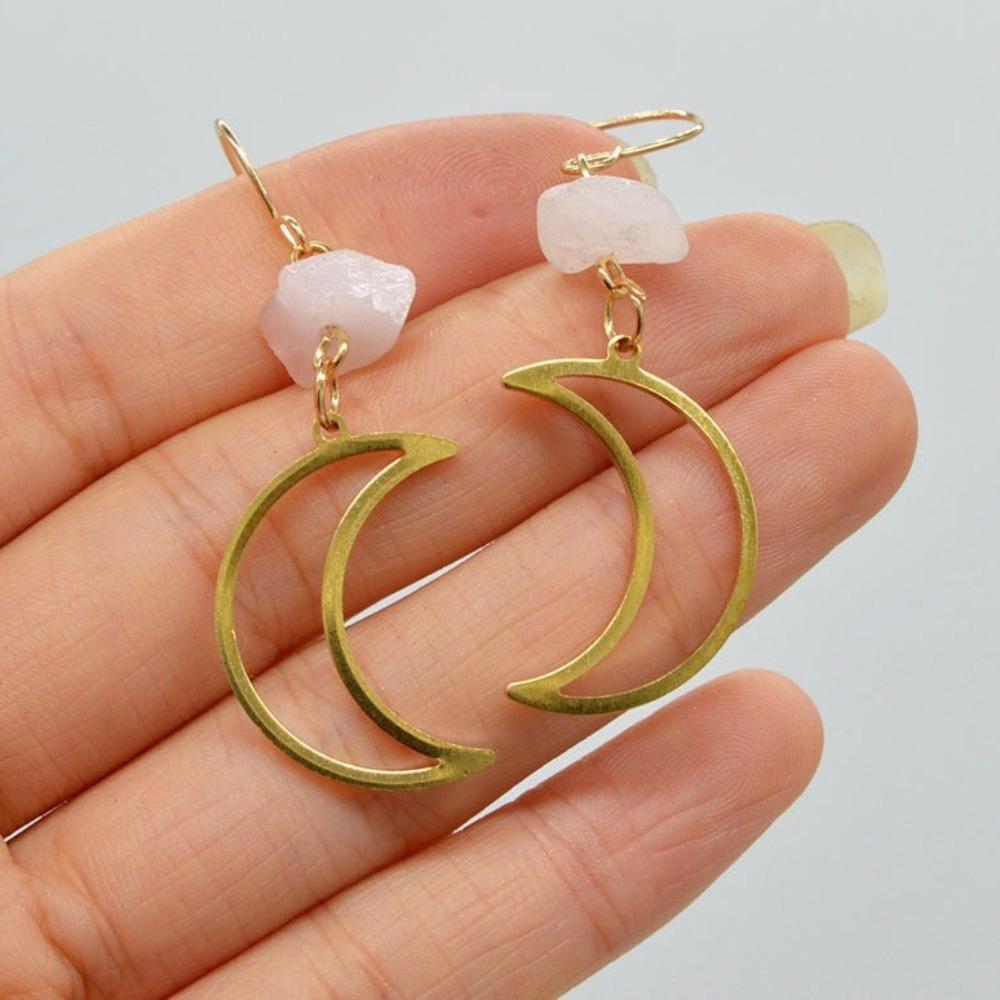Exquisite Simple Gold Color Stainless Steel Hollowed-out Crescent Moon Irregular Crystal Dangle Earrings for Women Jewelry Gift