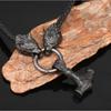 Nordic Viking Thor Hammer Pendant Necklace Silver Black Wolf Head Necklace Men's Jewelry