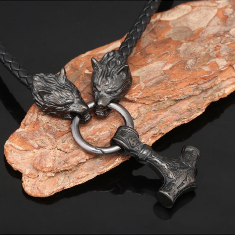 Nordic Viking Thor Hammer Pendant Necklace Silver Black Wolf Head Necklace Men's Jewelry