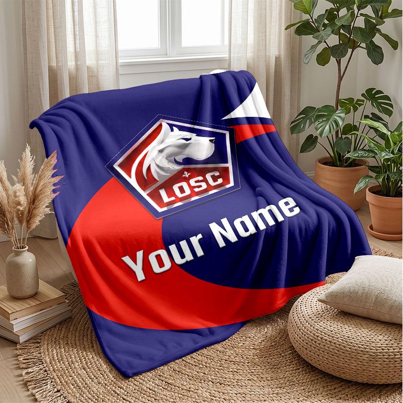 LOSC Lille Custom Name Text Flannel Blanket Soccer Logo Personalized Fleece Throw Blanket Special Gift For Sofa Bedroom Home