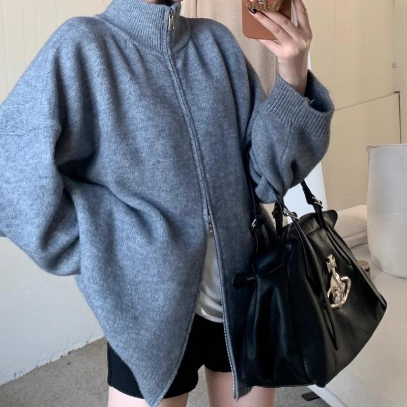 Lazy Style Stand-up Neck Sweater Women's Autumn and Winter Loose CasualOversized Grey Turtleneck Zip - Up Knit Sweater