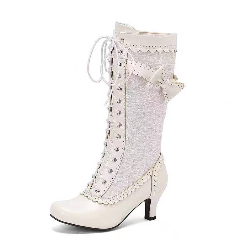 Herbst neue Damenstiefel Rüschenblattkante Schleife Ritterstiefel Band kurze Stiefel Übergröße Stiefel