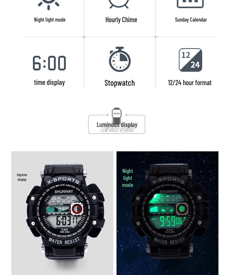 Ceas LED pentru tineret, luminos, rezistent la apă, cronograf sport multifuncțional