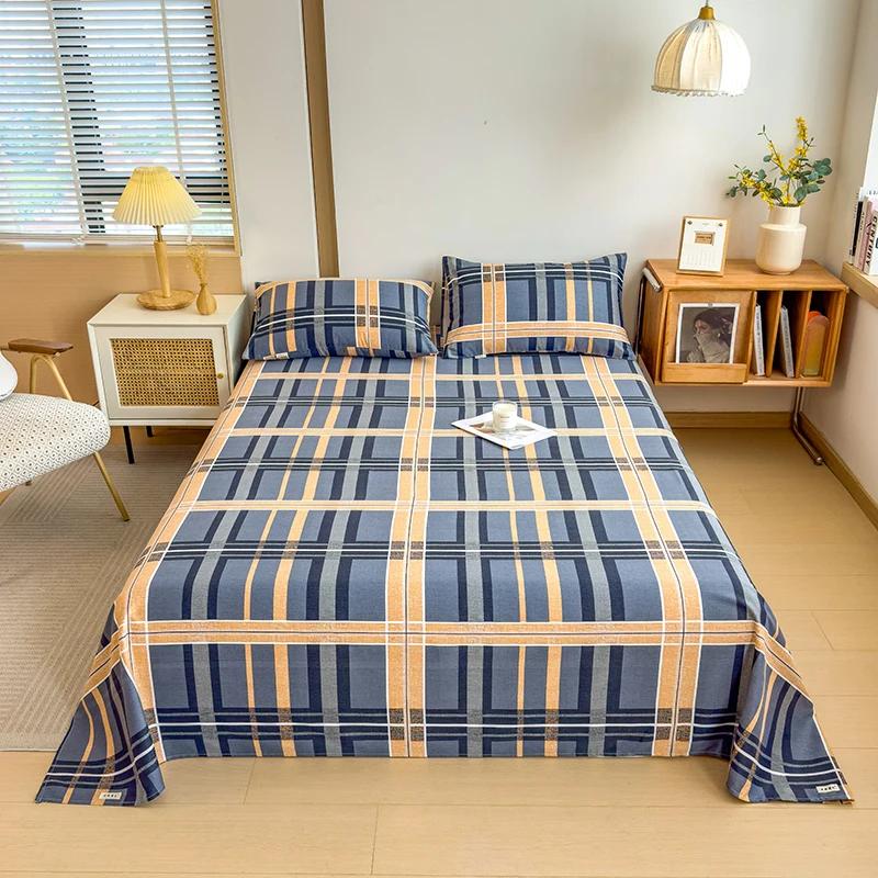 Geometric Plaid Pattern Bed Sheet Set Simple Grid Flat Sheet 100% Cotton Bedding Breathable Durable Sheets with 2 Pillowcases