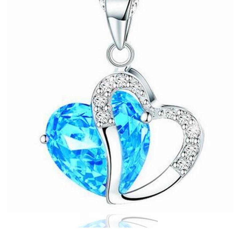 Korean Style Silver Zircon Heart Pendant Necklace with Crystal Clavicle and Sweater Chains