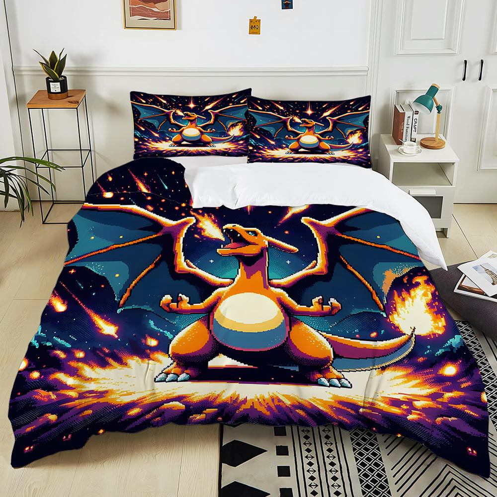 10 Sizes Pokémon Charizard Printed 3PC Bedding Set Duvet Cover  Adult Kids Birthday Gift Full Size Bedding Set Luxury for Gifts