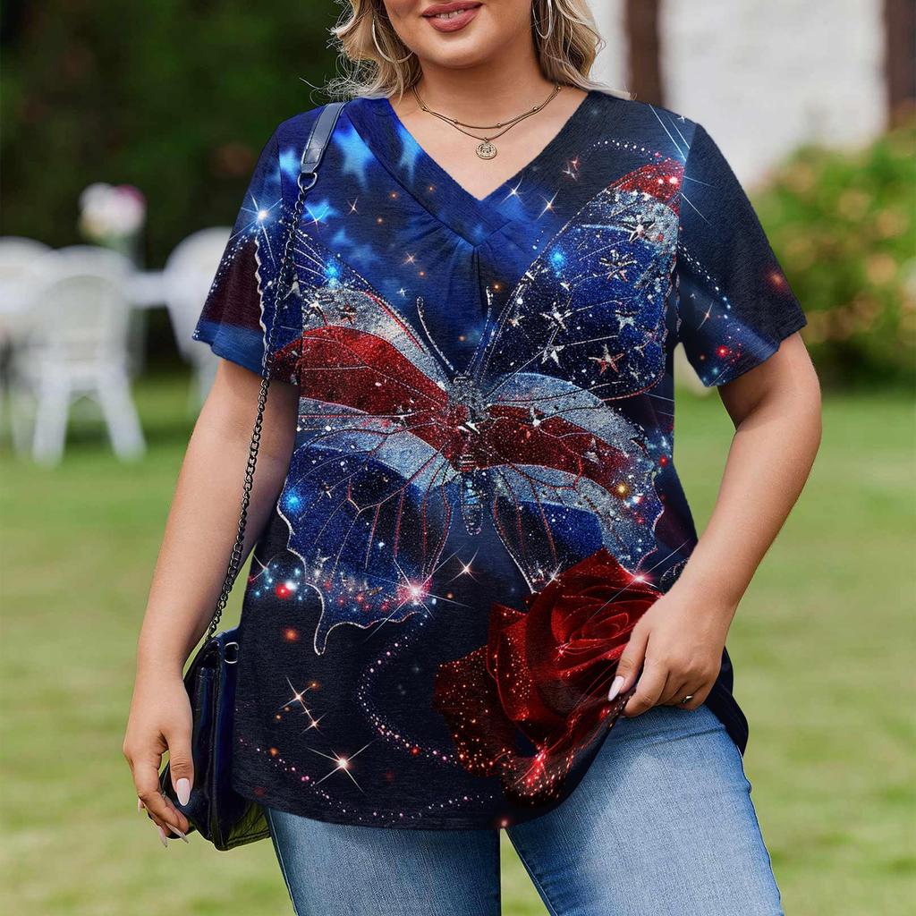 Womens Spring Tops Short Sleeve V Neck Butterfly Print Summer Shirts for Women Loose Fit Womens Summer Shirts Dressy Casual Style