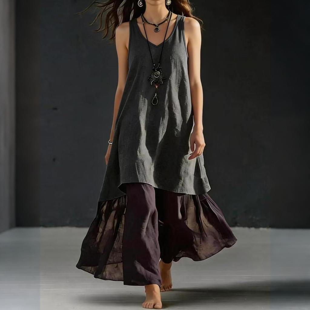 Women's Color Loose Fit Sleeveless V-Neck Maxi Dress, Casual Tank Dress