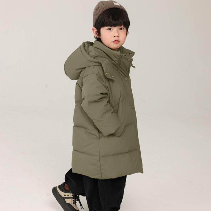 Chaqueta de plumón para niño, ropa de invierno larga para niños pequeños y medianos, chaqueta de algodón estilo coreano, chaqueta con capucha gruesa de plumón de pato blanco