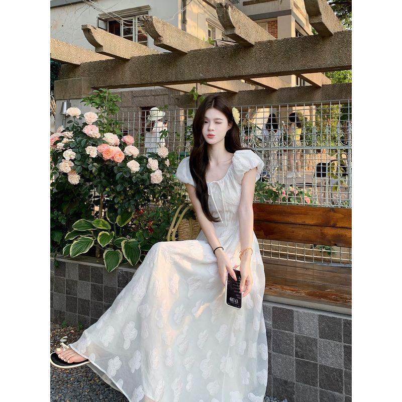 Kumikumi French style Elegant Jacquard Strap Puff sleeve One piece Dress Women clothing Summer Chic Age-Reducing Slimming Long dress