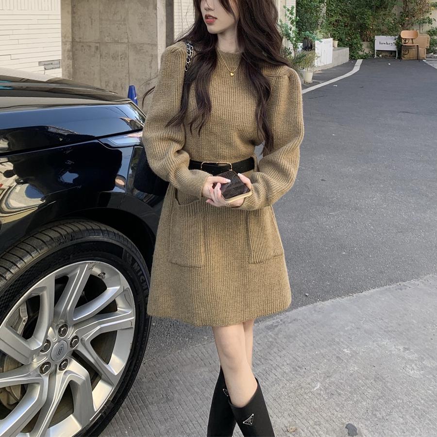 New French Style Petite Knit Dress for Women, Long Sleeve Loose Knit Base Dress for Fall Winter