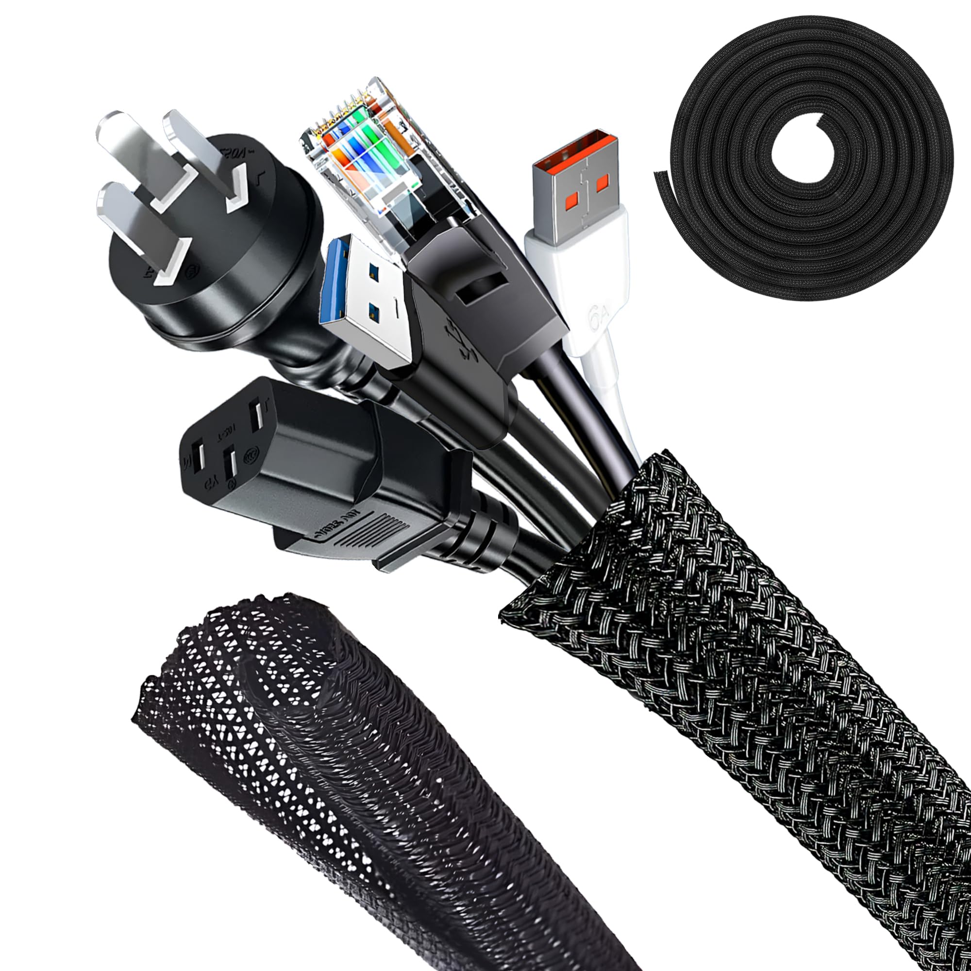 

Braided Cable Sleeve, 6m Long, 13mm Inner Diameter, DIY Cuttable, PET Material, High-Temperature Resistant, Pet Chew Protection, for Home and Office