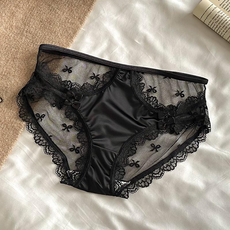 Ladies New Summer Sexy Lace Hollowed Out Bow Package Hip Mid Waist Triangle Briefs