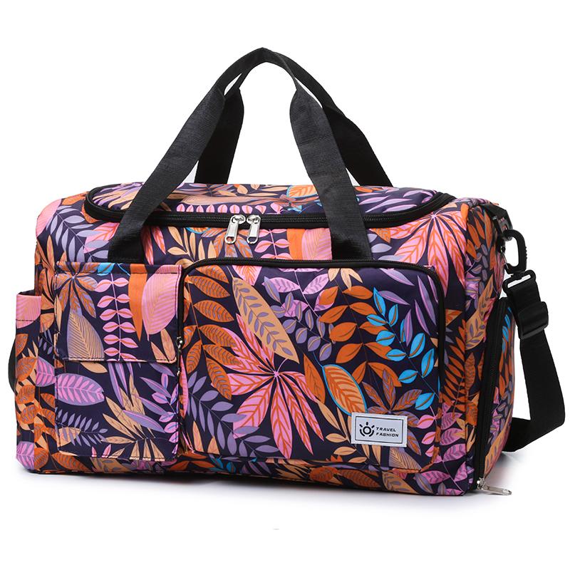 Oxford Fabric Travel Duffel Bag with Leaf Print Multiple Pockets Waterproof Gym Weekender Bag