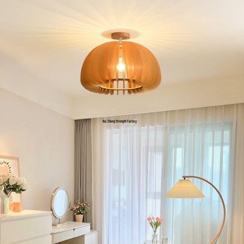 Stairwell Retro Japanese Solid Wood Pumpkin Pendant Light for Bedroom or Study