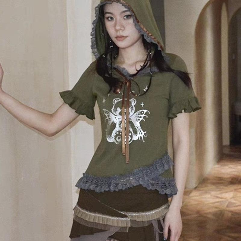 

TrendHub Y2K Hooded T Skirt Women Retro Ruffle Sleeves Lace Subculture Hotsweet Tees Slim Vintage Printing Streetwear Female Tops New L зелений