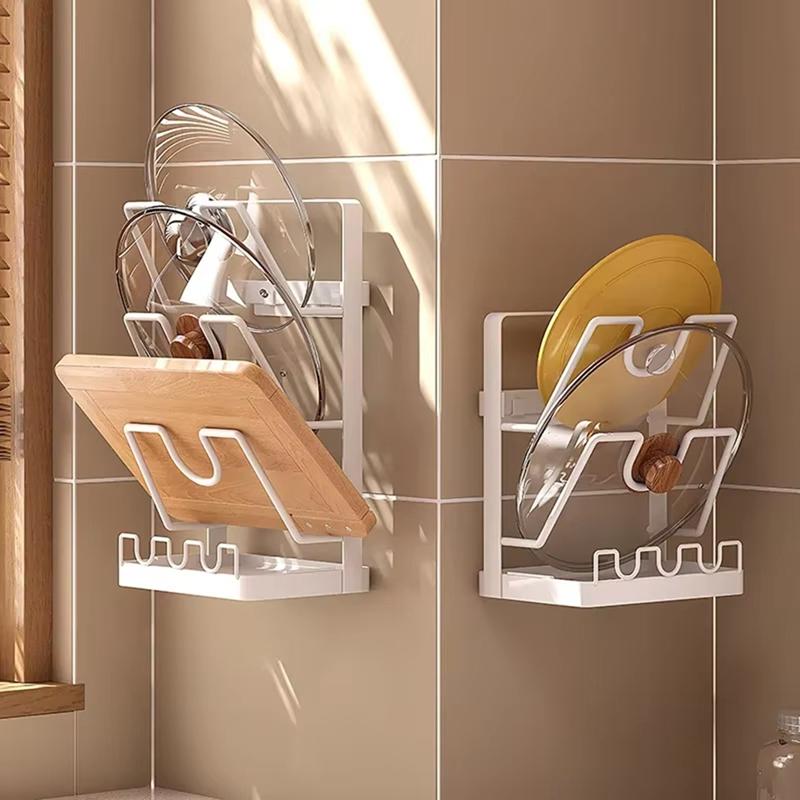 Good-Multifunctional Kitchen Storage Rack - Wall-Mounted Pot Cover, And Cutting Board Organizer With Drain Rack