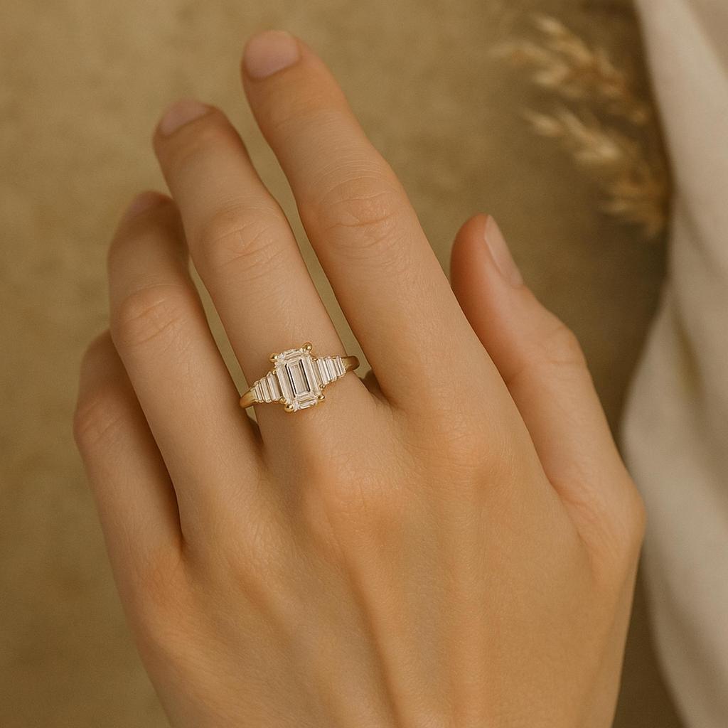 Emerald Cut Cubic Zirconia Engagement Ring with Baguette CZ Accents – Yellow Gold Plated 925 Sterling Silver Bridal Wedding Jewelry Gift for Her