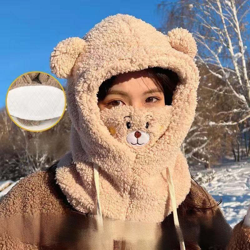 Cute Cartoon Bear Lamb Wool Beanie Hat for Women Soft Plush Headgear with Neck Warmer Casual Outdoor Mask Autumn Winter Adults