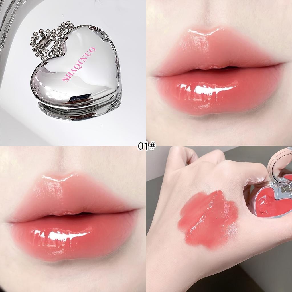 SHAQINUO Heart Shaped Mirror Lip Gloss Moisturizing Hydrating Solid Lip Balm Cute Silver Case Glossy Lip Tint Long Lasting Makeup Gift for Women